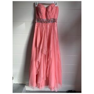 Strapless sparkle prom dress with gem waist